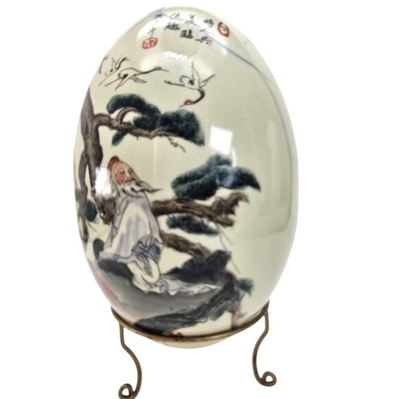 Large Hand-Painted Chinese Porcelain Egg Ornament Decor With Stand JE270 - Picture 3 of 11